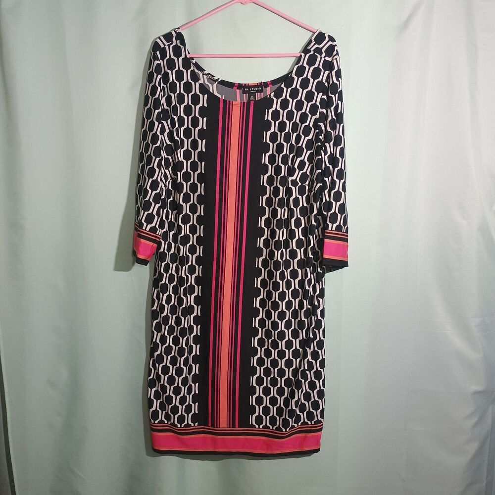 Black White Geometric Print Shift Dress Pink Stripe 3/4 Sleeve Career Dress